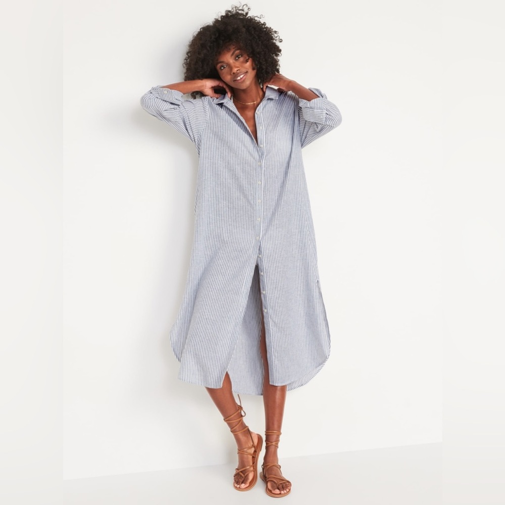OLD NAVY TALL Long-Sleeve Striped Linen-Blend Midi Shirt Dress With Pockets